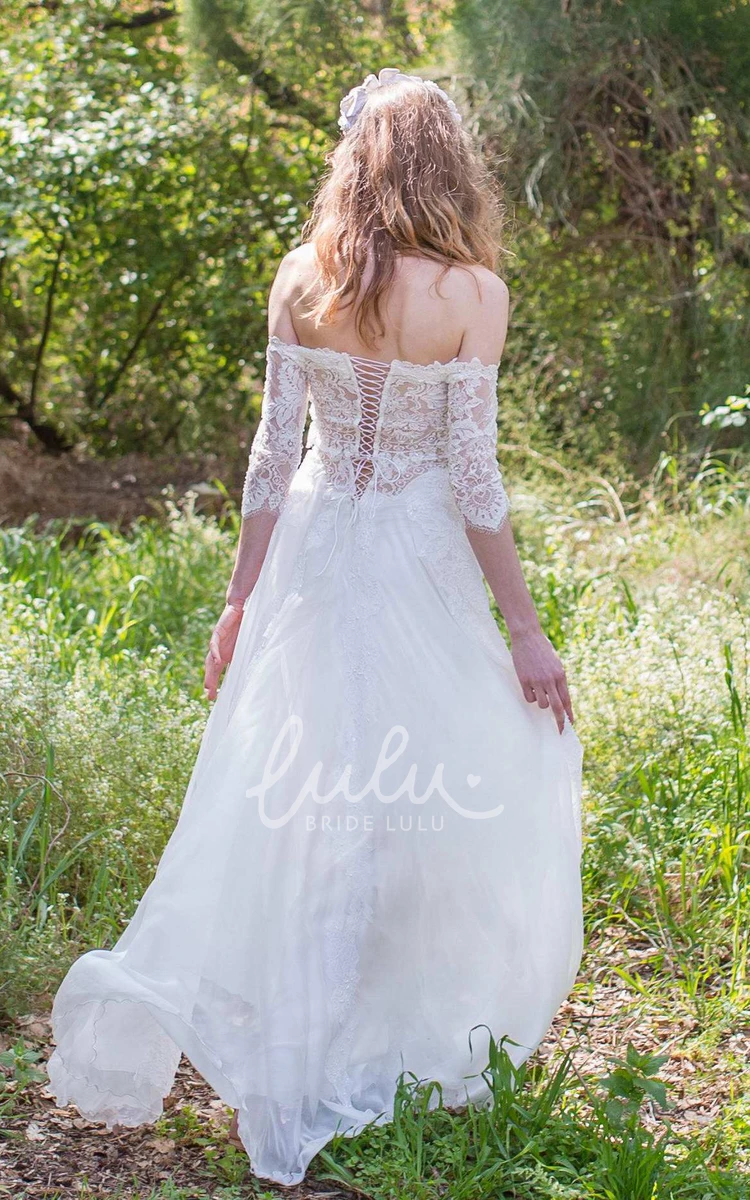 Boho Wedding Dress with Corset Back Off-the-Shoulder Lace Chiffon