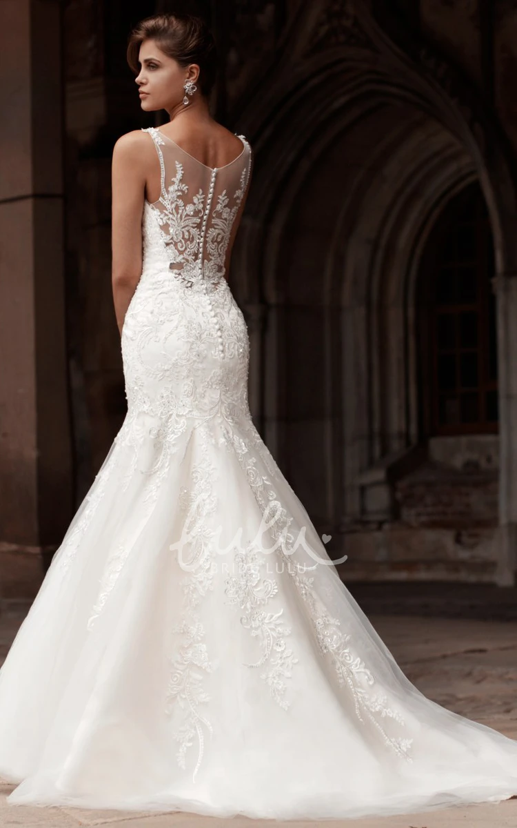 Sleeveless Trumpet Scoop-Neck Lace&Satin Wedding Dress with Appliques Classy Wedding Dress
