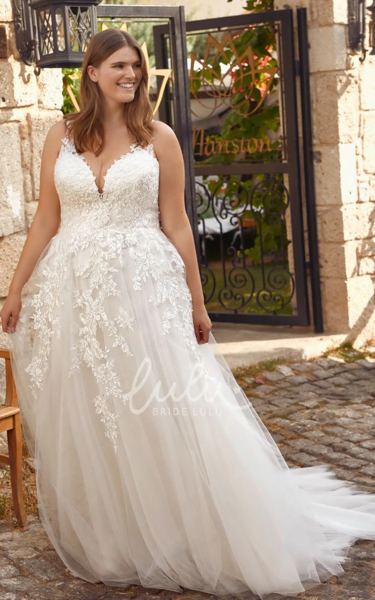 Romantic Lace A-line Wedding Dress with Brush Train & Appliques