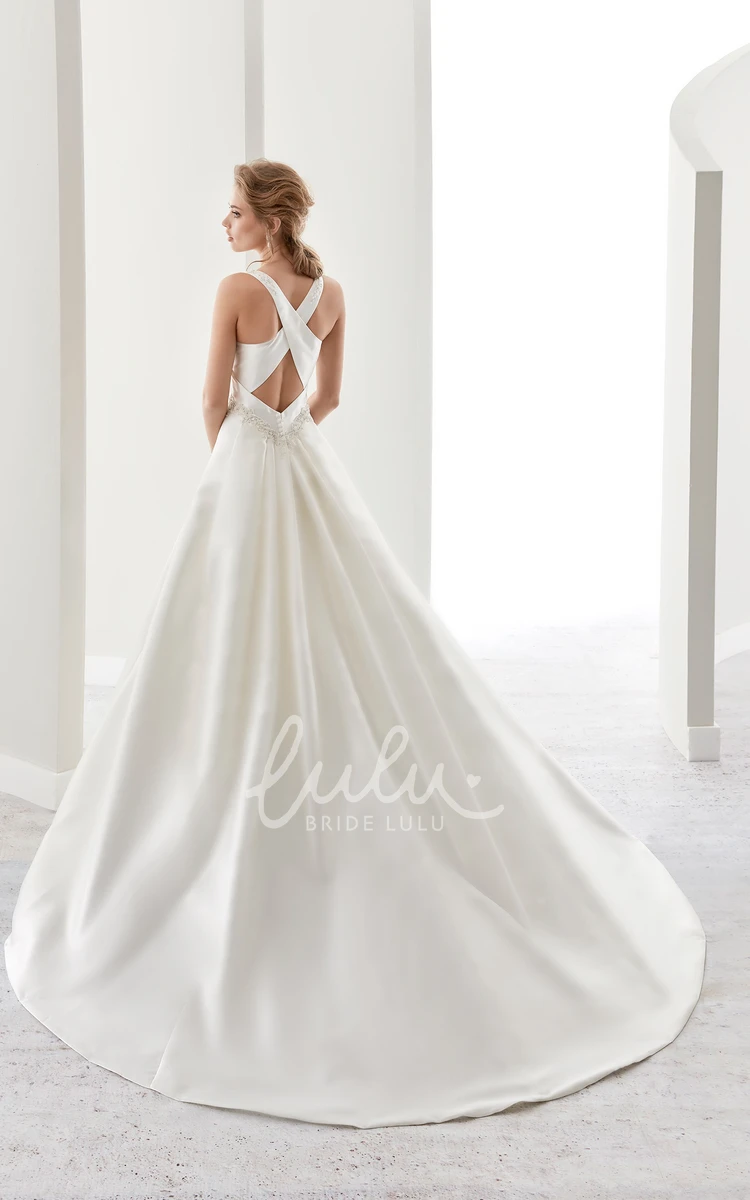 Satin A-Line Wedding Dress with Beaded Belt and Crisscross Straps Square Neck