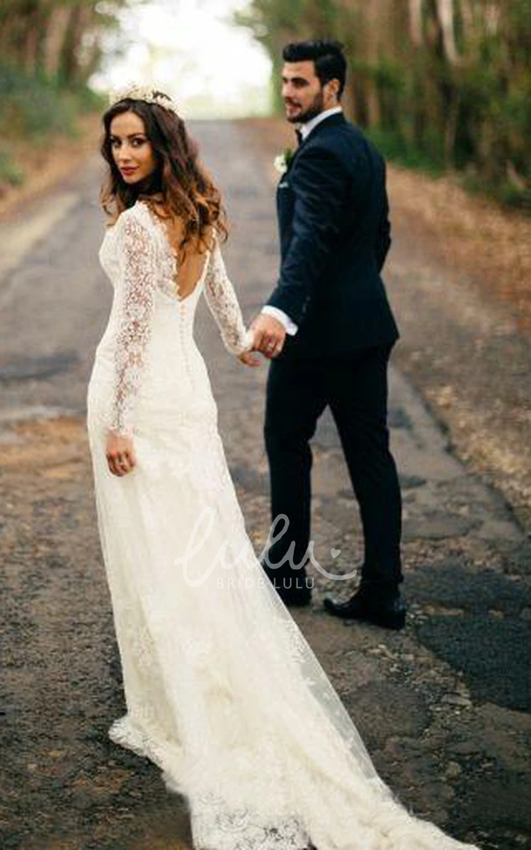 Long Sleeve V-Neck Lace A-Line Wedding Dress with Low-V Back