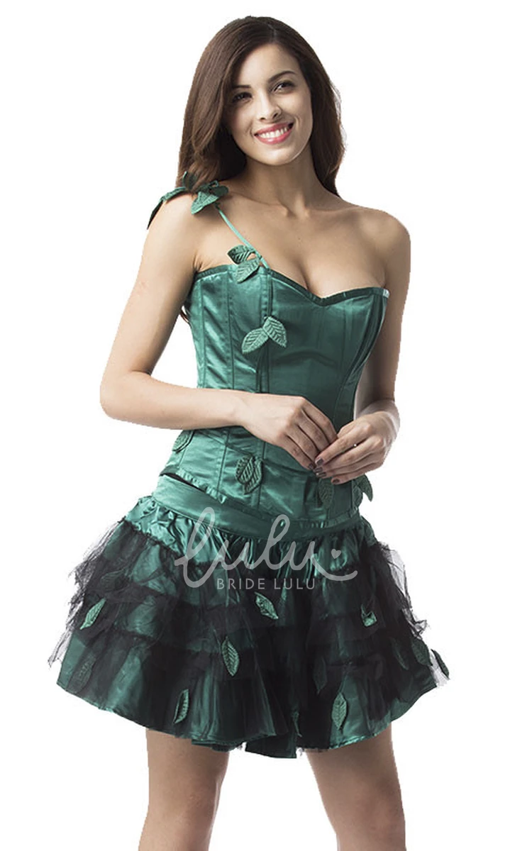 Green and Black One Shoulder Corset Dress with Leaves Appliques Wedding Dress