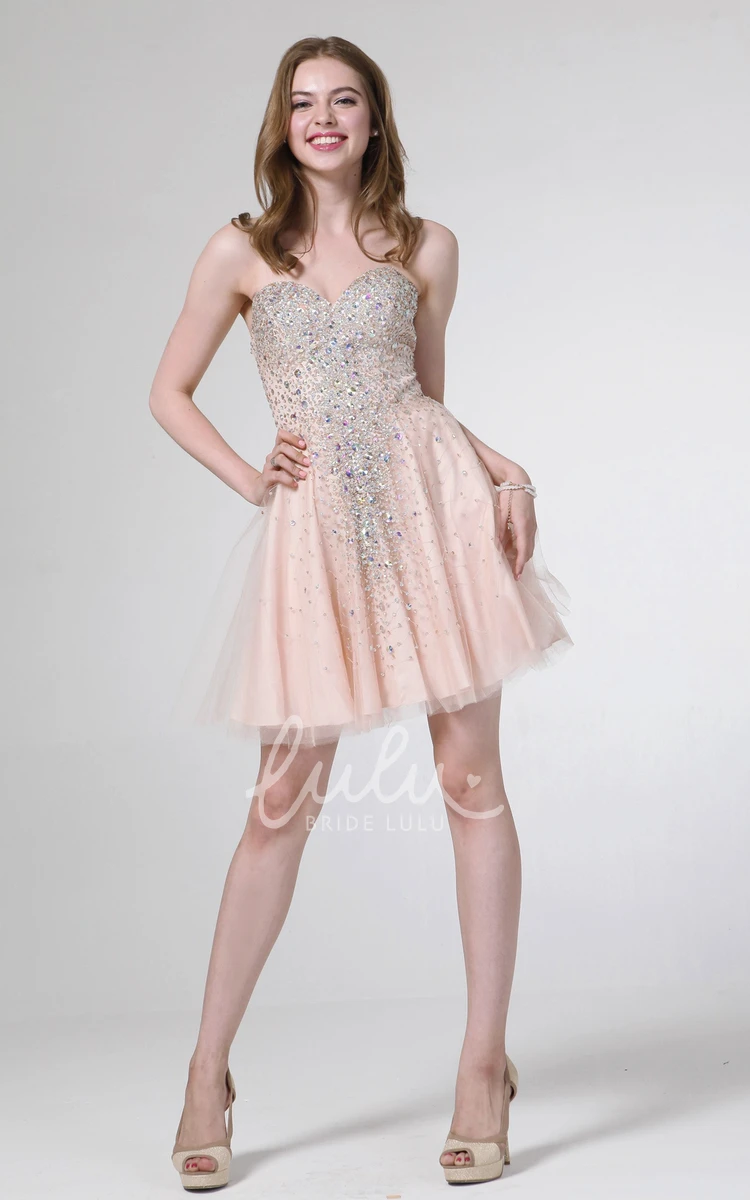 Beaded Tulle Satin Sweetheart Formal Dress A-Line Mini Sleeveless