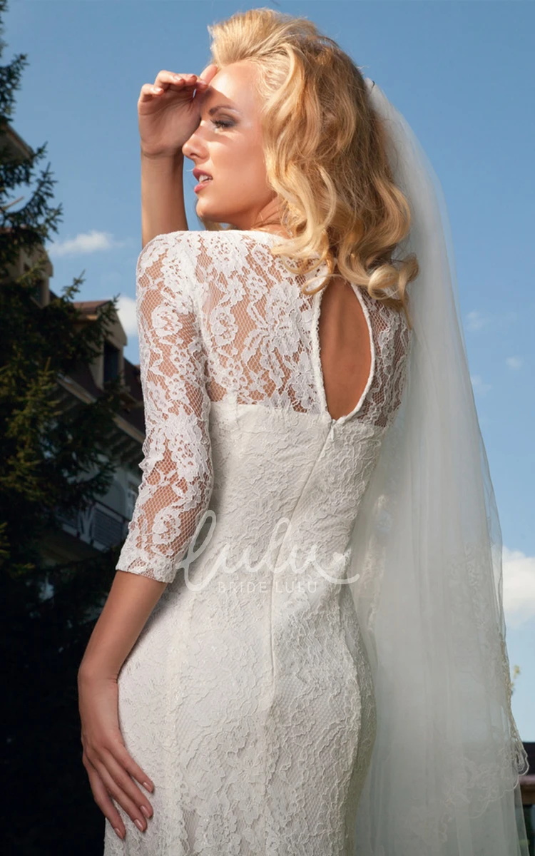Lace Sheath Wedding Dress with Scoop Neckline Keyhole and 3/4 Sleeves