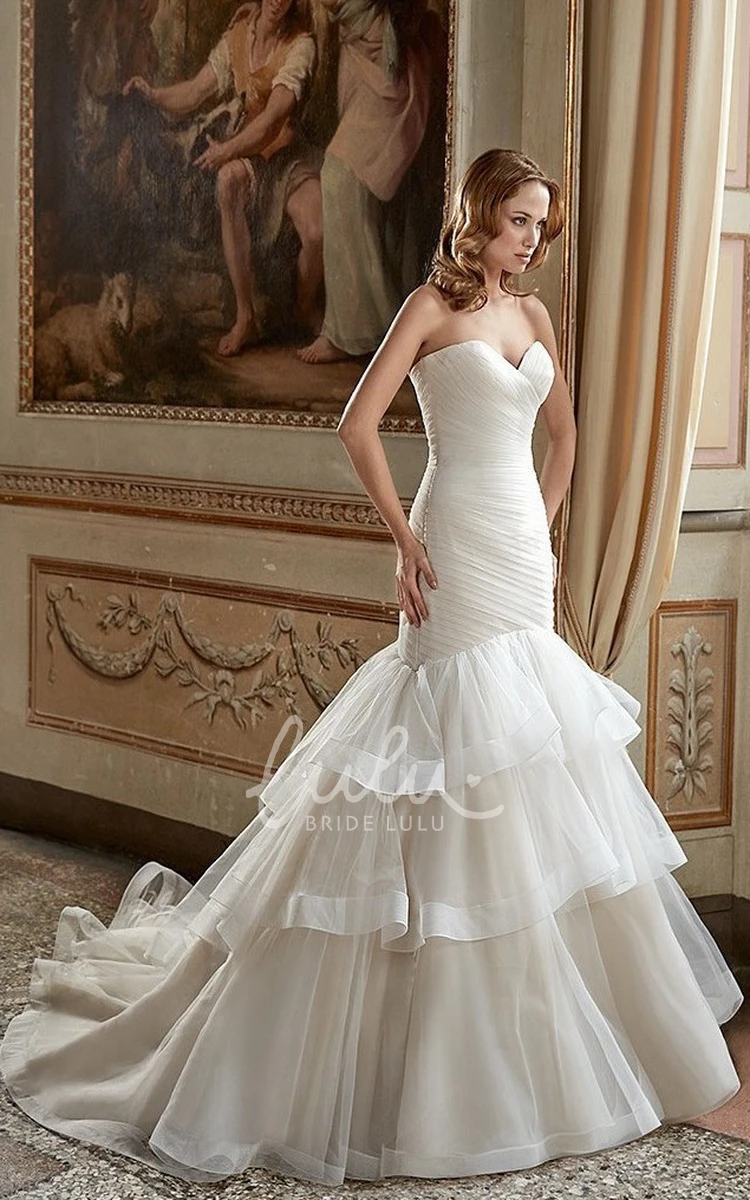 Tiered Tulle Mermaid Wedding Dress with Sweetheart Neckline and Criss Cross Back