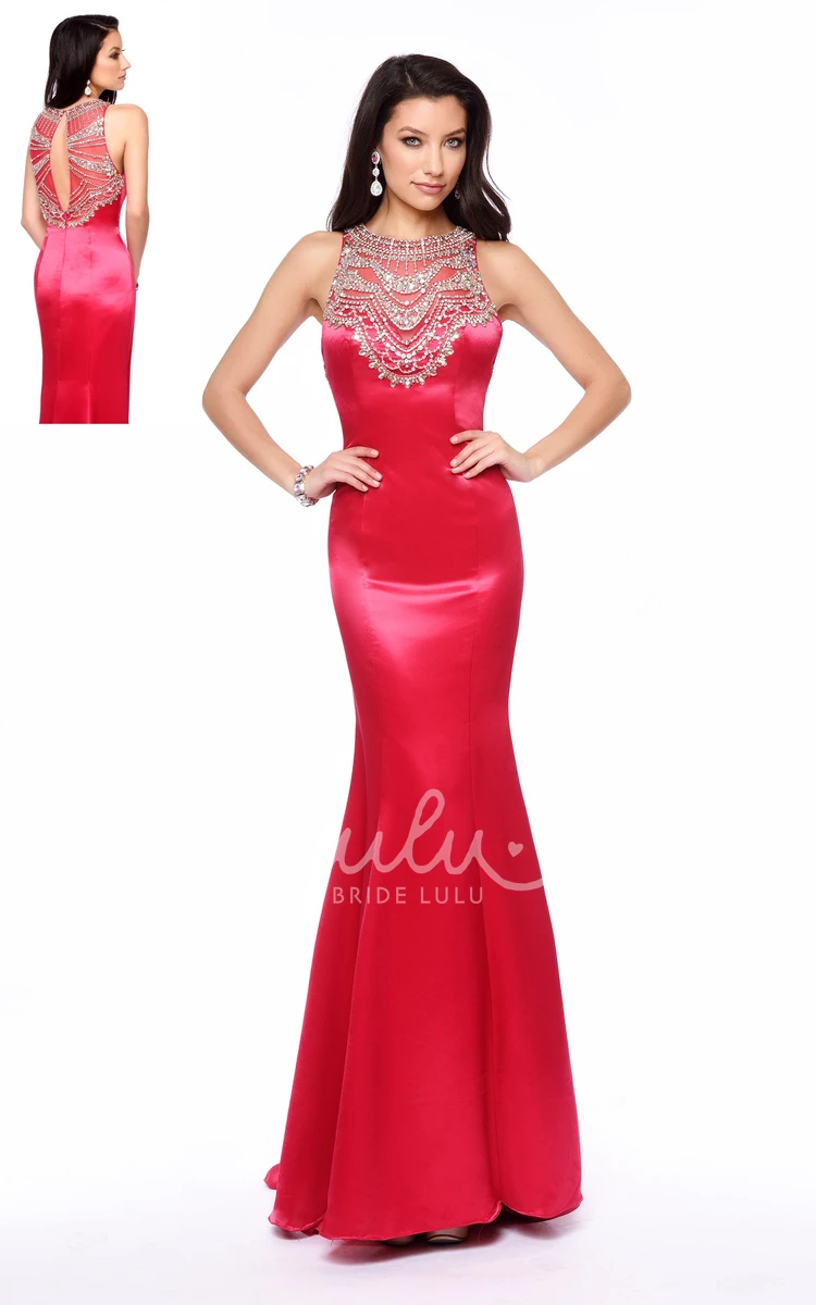 Jewel-Neck Sleeveless Satin Sheath Formal Dress with Beading