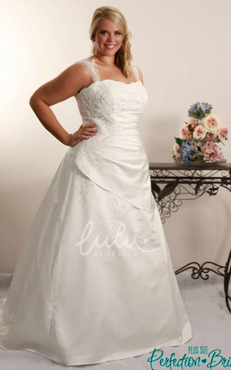 Plus Size A-Line Wedding Dress with Appliques Long Off-The-Shoulder Satin