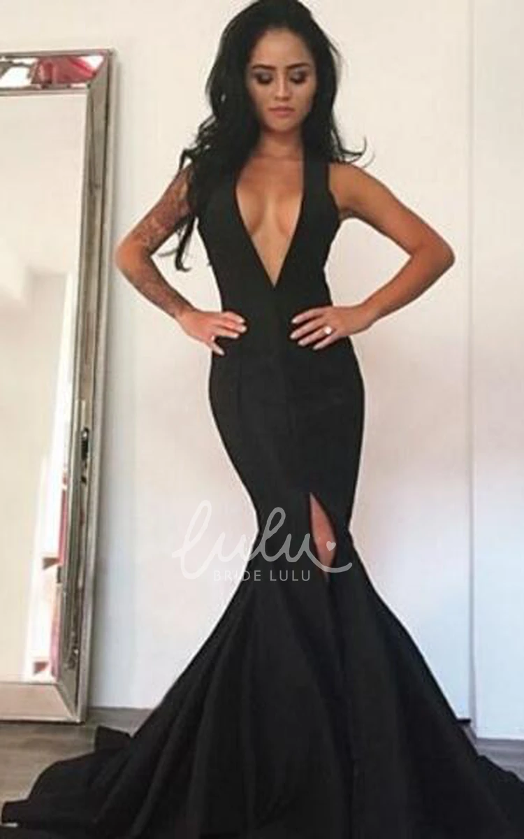 Sexy Black Deep V-Neck Prom Dress Front Split Dress