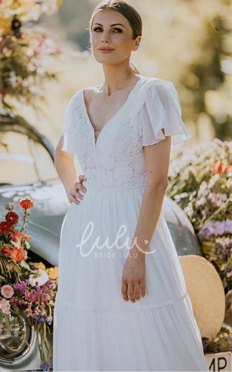 V-Neck Lace A-Line Wedding Dress with Ruffles Short Sleeve