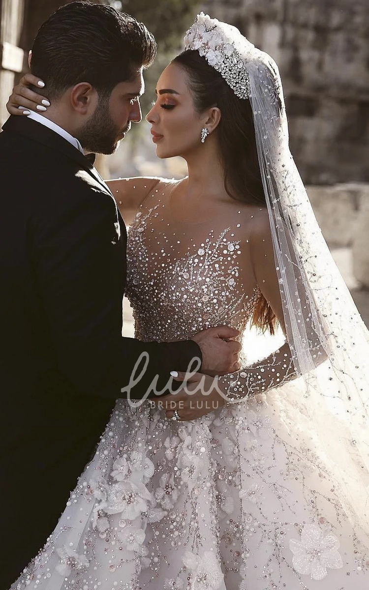 Luxury Bridal Ball Gown Wedding Dress with Appliqued Illusion Long Sleeves and 3D Floral Beading Elegant Wedding Dress