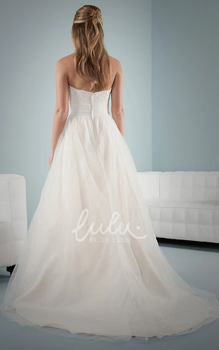Appliqued Satin A-Line Wedding Dress with Court Train and Low-V Back