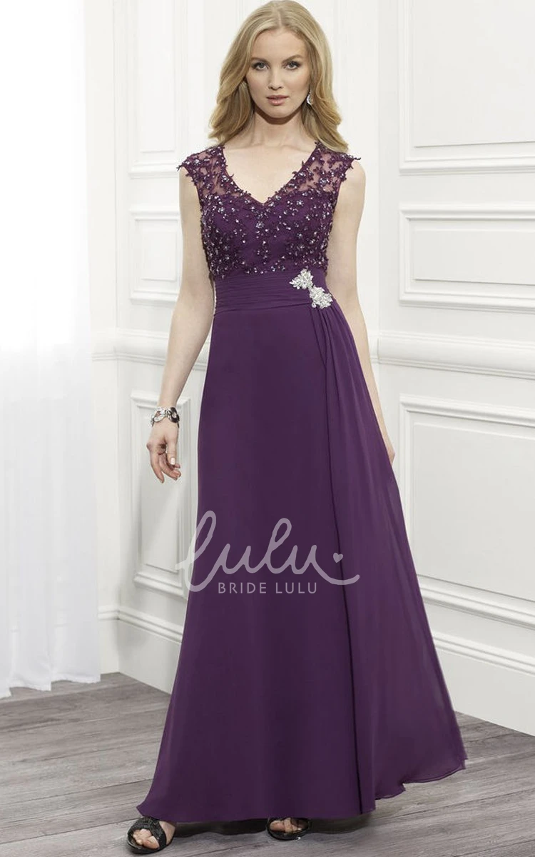 Chiffon V-Neck Cap Sleeve Dress with Beading and Illusion Back for Formal Functions