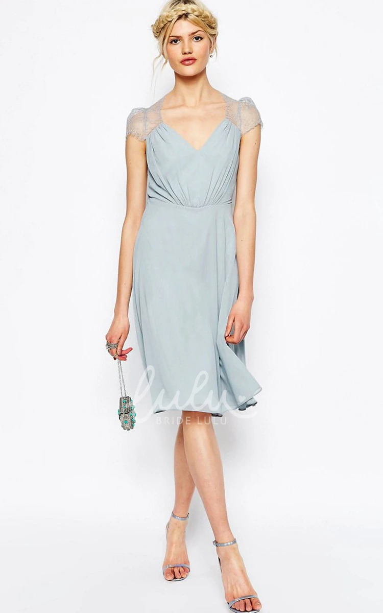 Knee-Length Cap-Sleeve Chiffon Bridesmaid Dress with V-Neck Illusion
