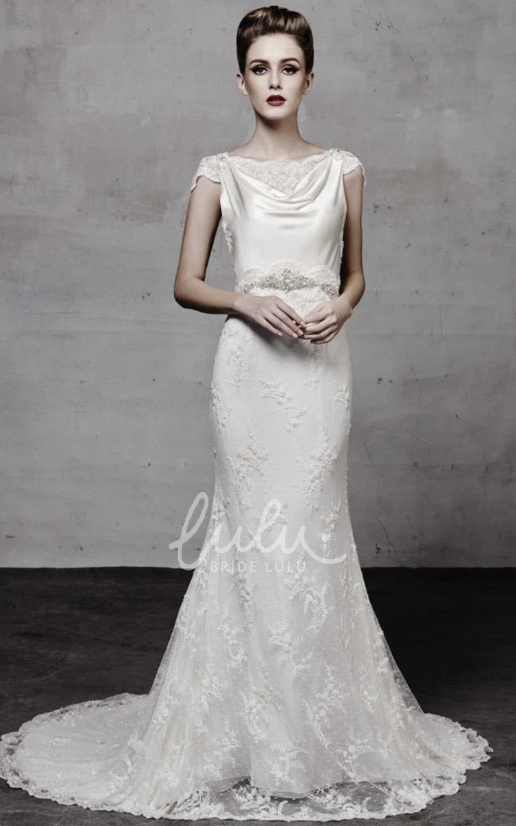 Cap-Sleeve Lace Wedding Dress with Beading Floor-Length Cowl Appliqued