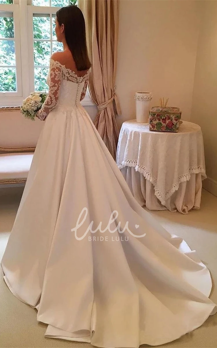Modern A Line Satin Wedding Dress with Off-the-shoulder and Chapel Train
