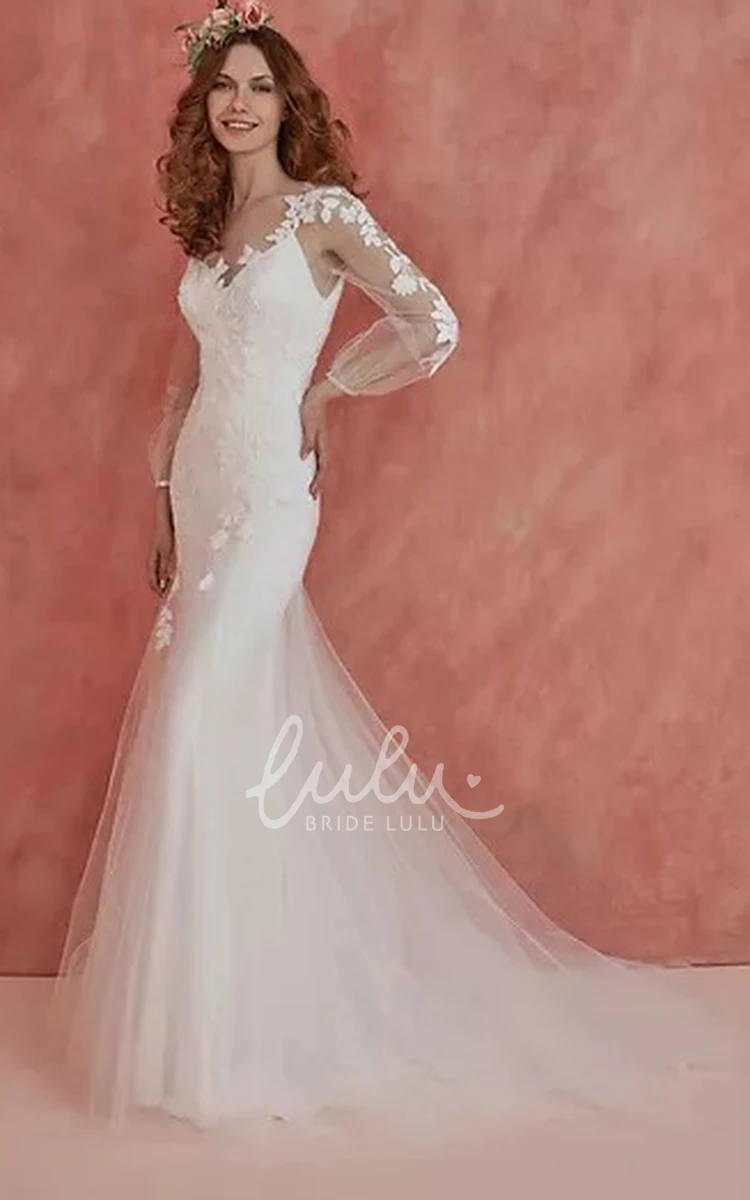 Romantic Tulle Trumpet Long Sleeve Wedding Dress With Appliques Elegant Bridal Gown