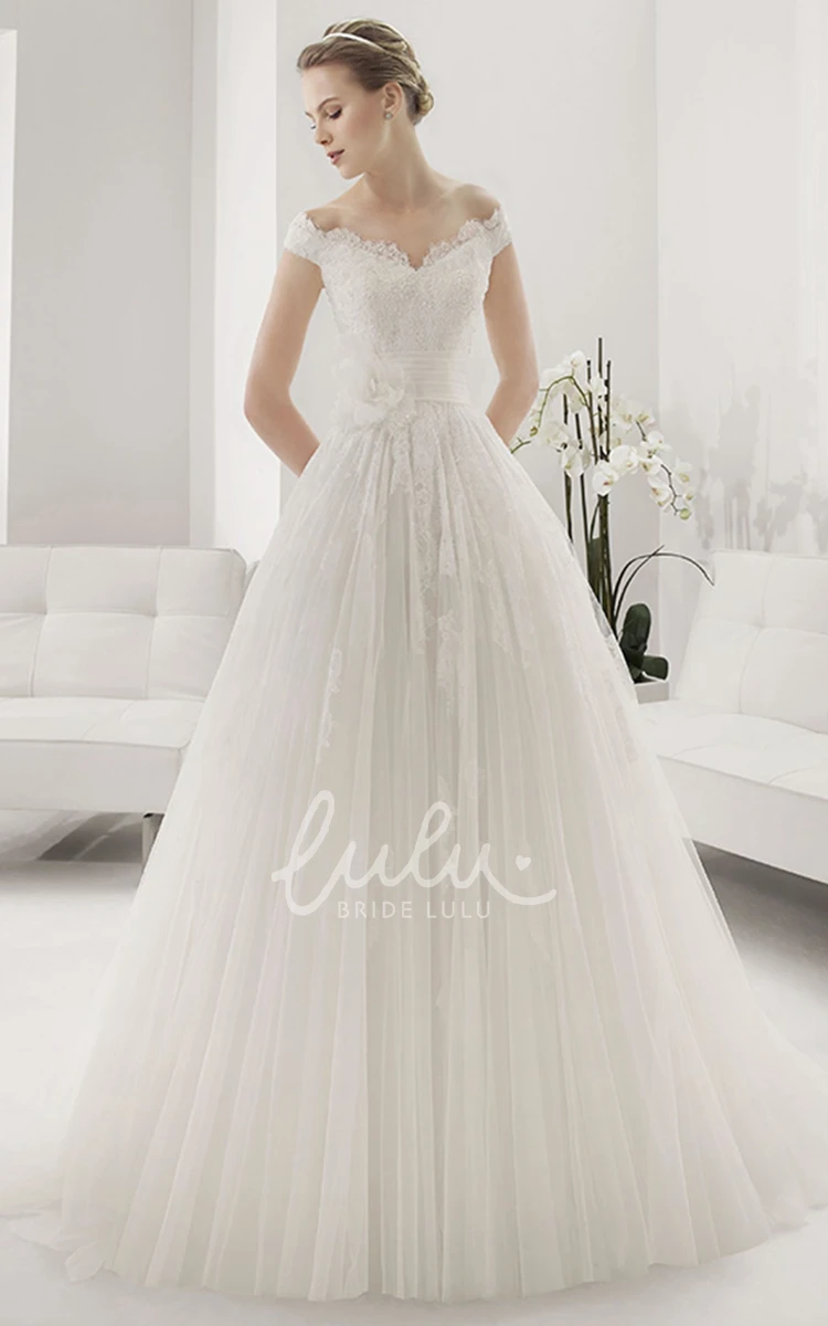 Lace Off Shoulder Tulle Ball Gown with Front Flower Elegant Wedding Dress