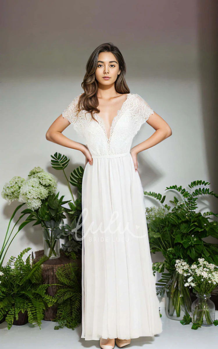 Bohemian Lace Short Sleeve Sexy Plunging Neckline A-Line Floor-length Wedding Dress with Ribbon Deep-V Back