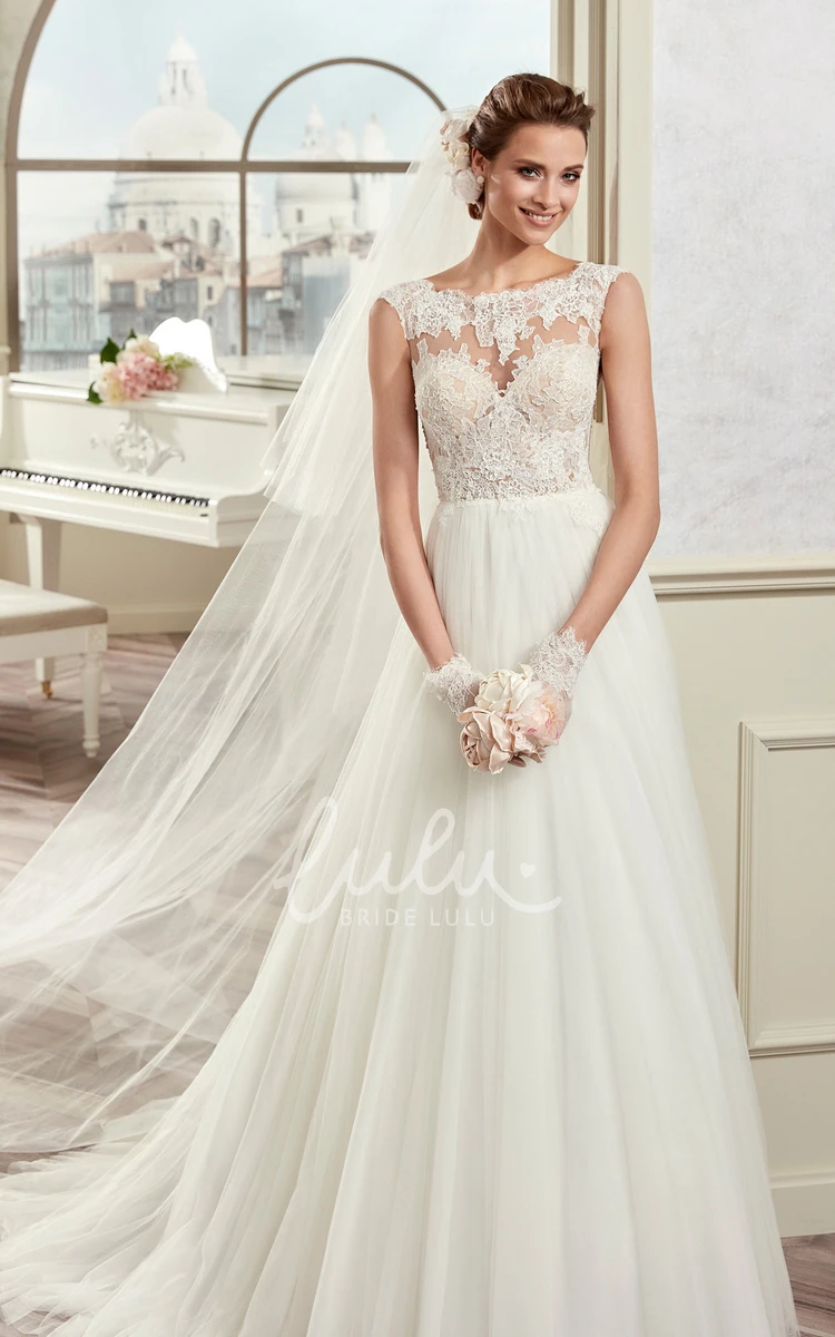 Draping Jewel-Neck Wedding Dress with Illusive Design and Cap Sleeves