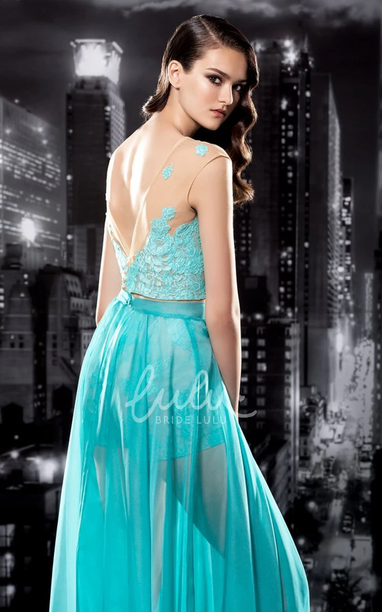 A-Line Chiffon Lace Formal Dress with Cap-Sleeves and Deep-V Back Appliques