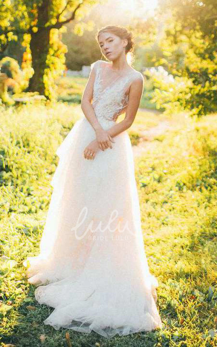 A-Line Tulle Wedding Dress with Illusion Scoop-Neck and Appliques Elegant Wedding Dress