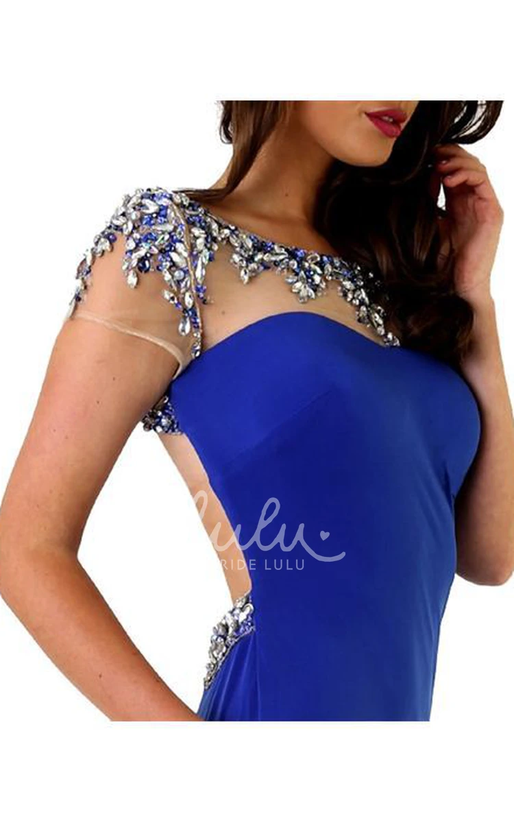 Beaded Jersey Sheath Prom Dress with Split Front and Cap-Sleeve Scoop Unique Prom Dress