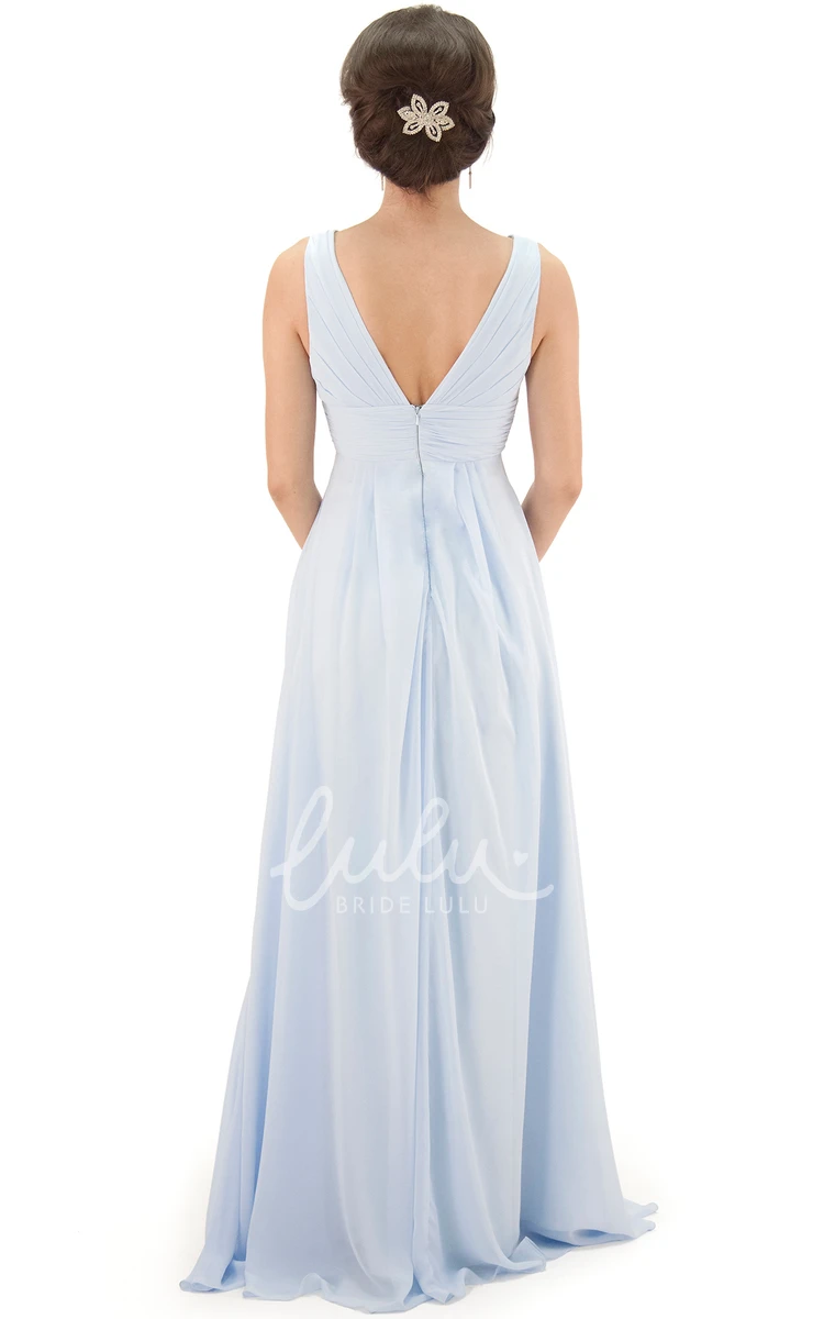 V-Neck Chiffon Bridesmaid Dress with Ruched Flower Detail and V-Back