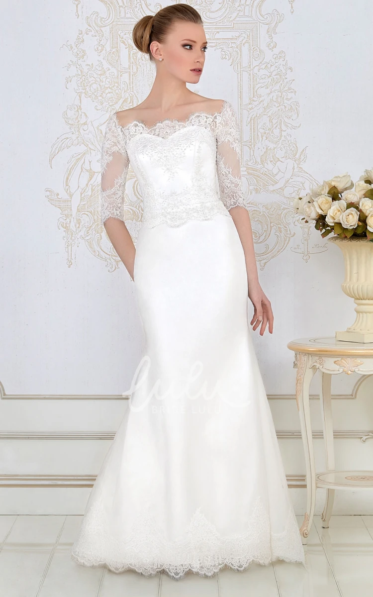 Half-Sleeve Lace and Satin Sheath Wedding Dress Floor-Length and Bateau-Neck