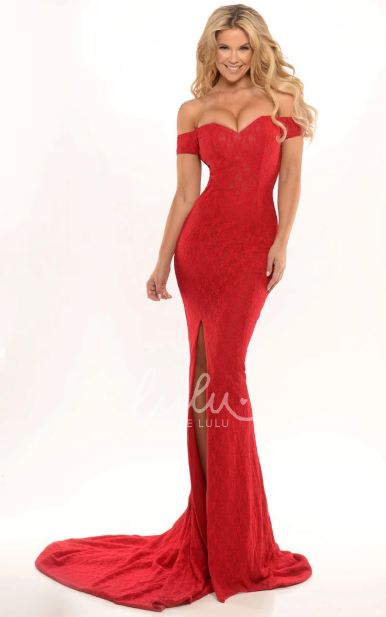 Sheath Lace Prom Dress with Split-Front and Court Train Off-The-Shoulder Prom Dress
