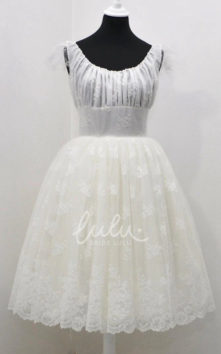 Knee-Length Lace Wedding Dress with Cap Sleeves and Jewel Empire Waist