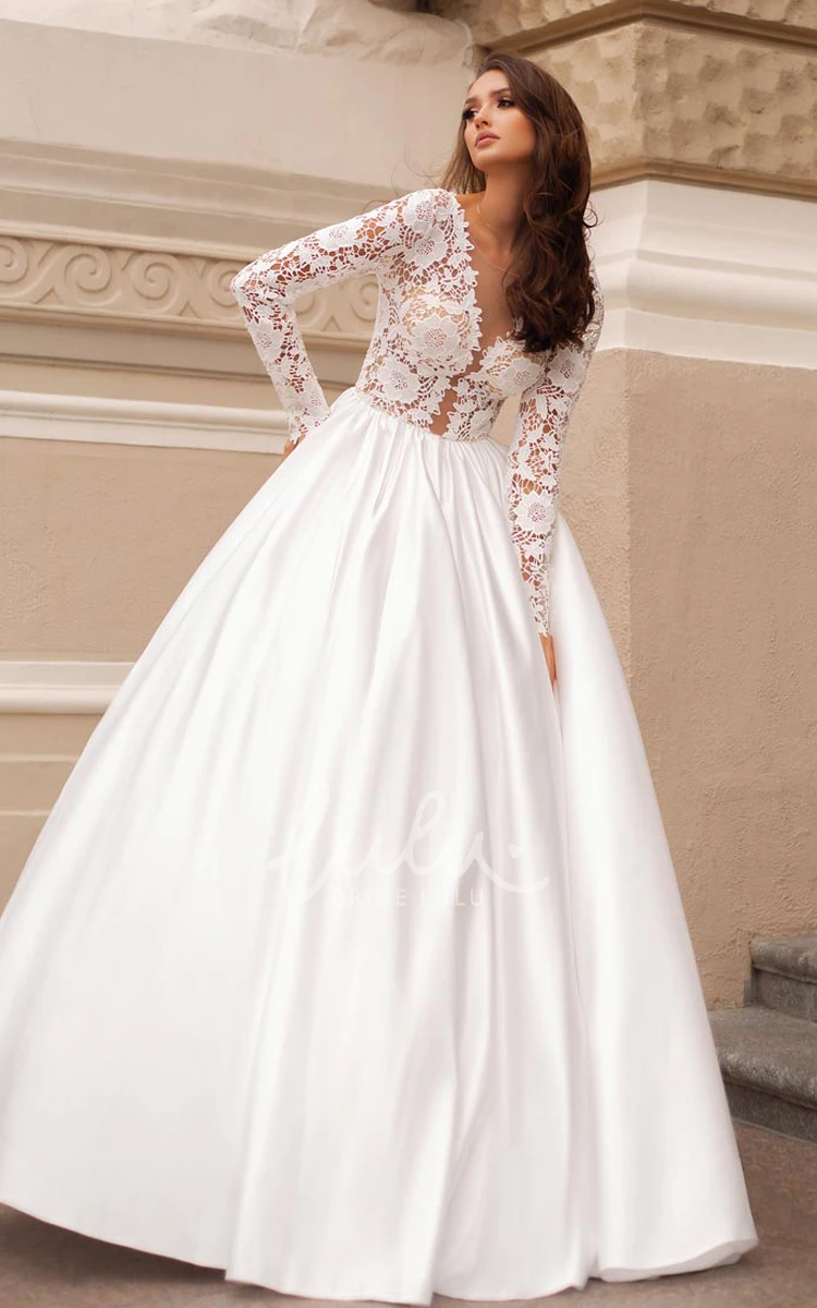 Simple Satin Lace Ball Gown Wedding Dress with V-Neckline and Floor-Length