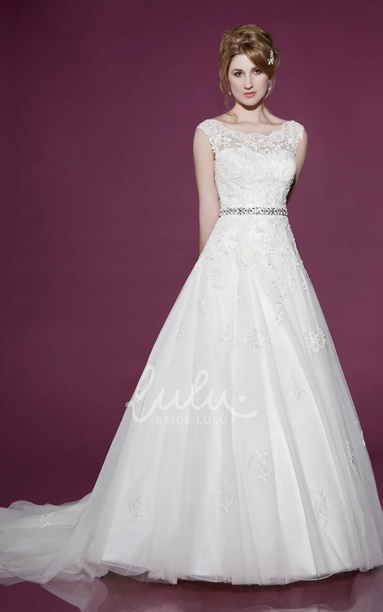 Cap-Sleeve Lace and Tulle Bateau Wedding Dress