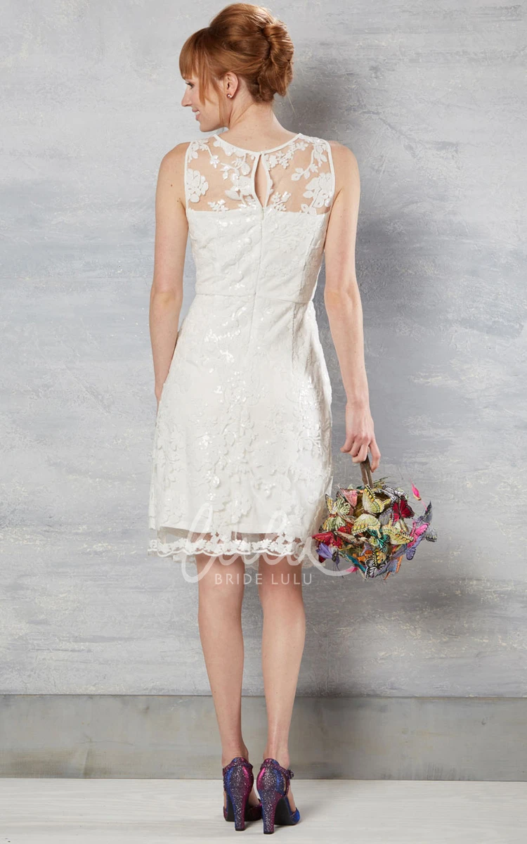 Lace Scoop-Neck Knee-Length Wedding Dress with Appliques Sleeveless