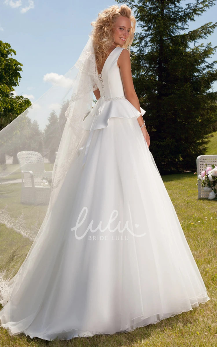 Satin&Tulle Wedding Dress with Peplum and Corset Back