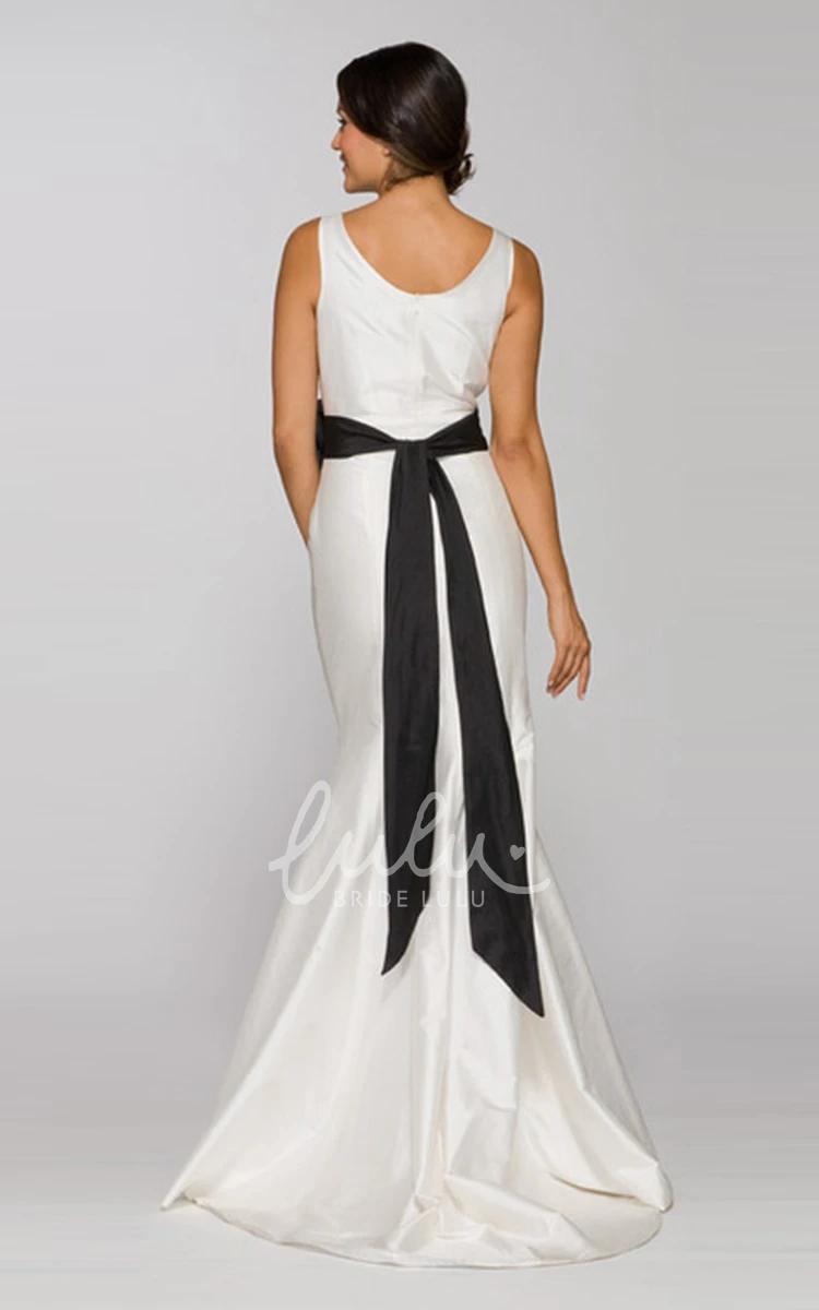 Long Satin Floral Wedding Dress With Bow Sleeveless Sheath Jewel-Neck