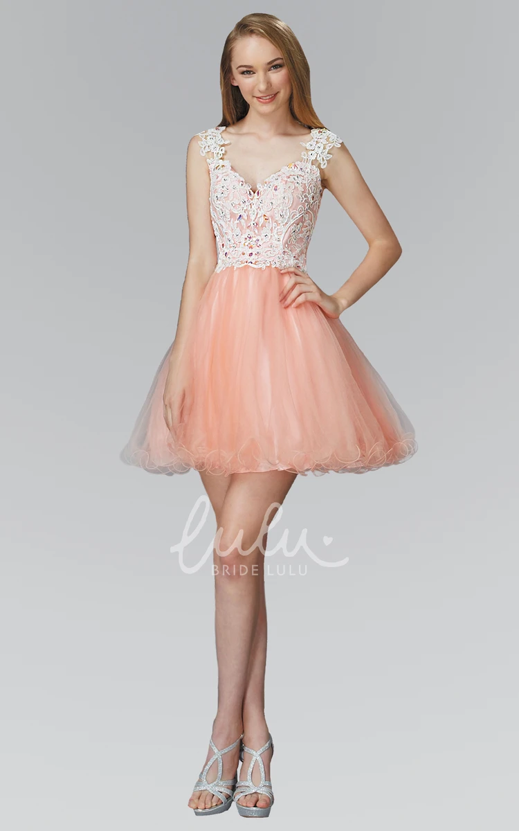 V-Neck Lace Applique A-Line Short Formal Dress with Cap Sleeves