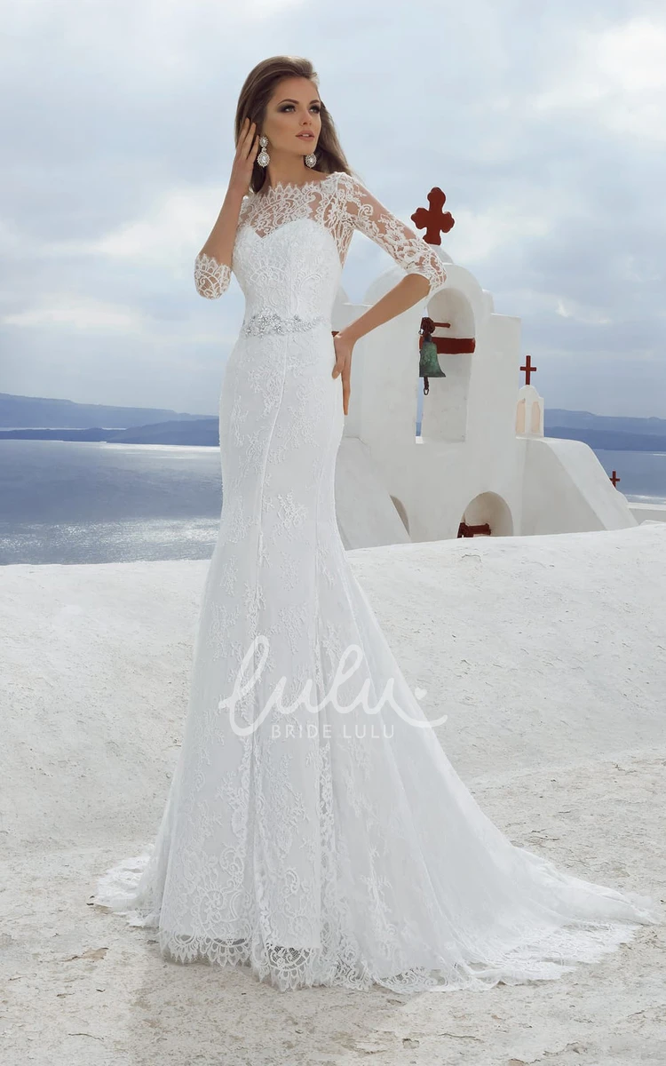 Lace Beaded Sheath Wedding Dress with 3/4 Sleeves and Bateau Neckline