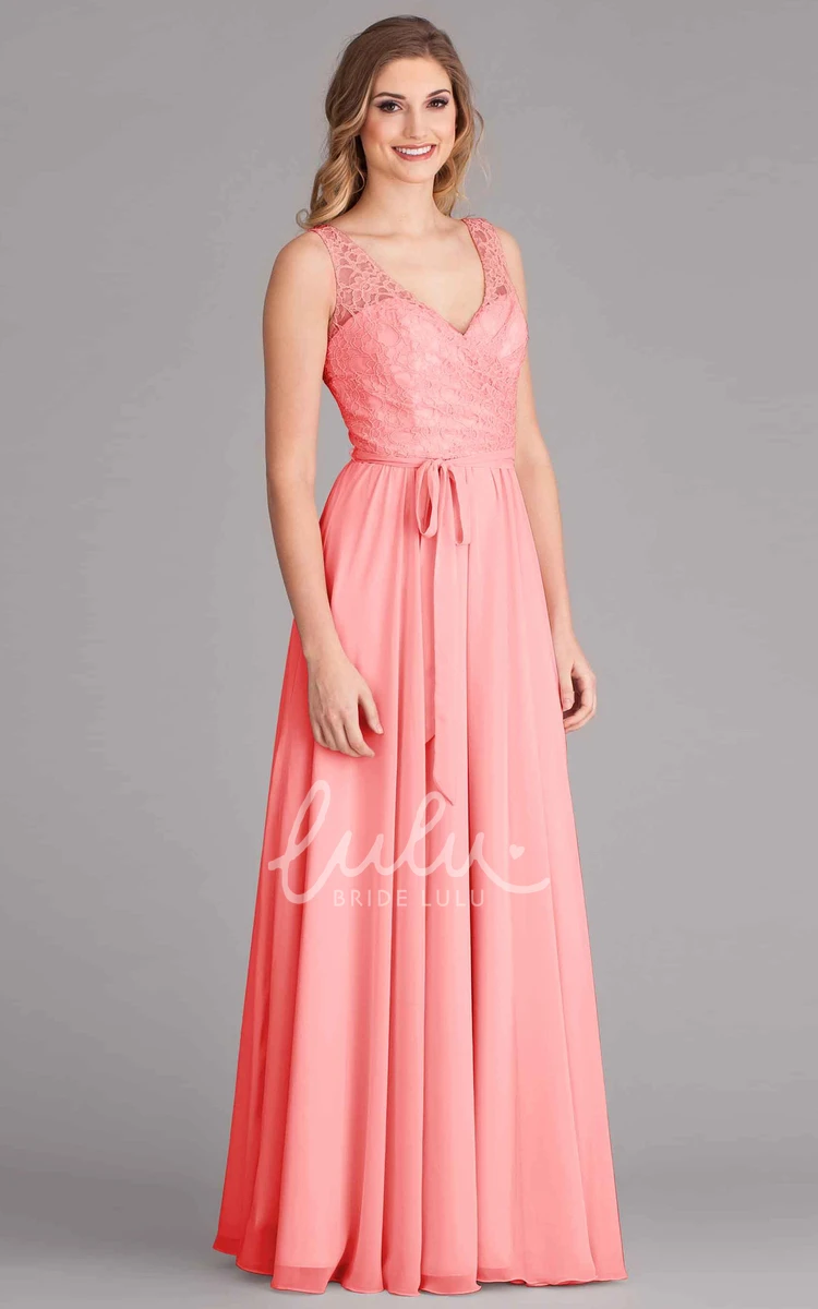 Lace V-Neck Chiffon Bridesmaid Dress with Bow Sleeveless Elegant Women's Dress