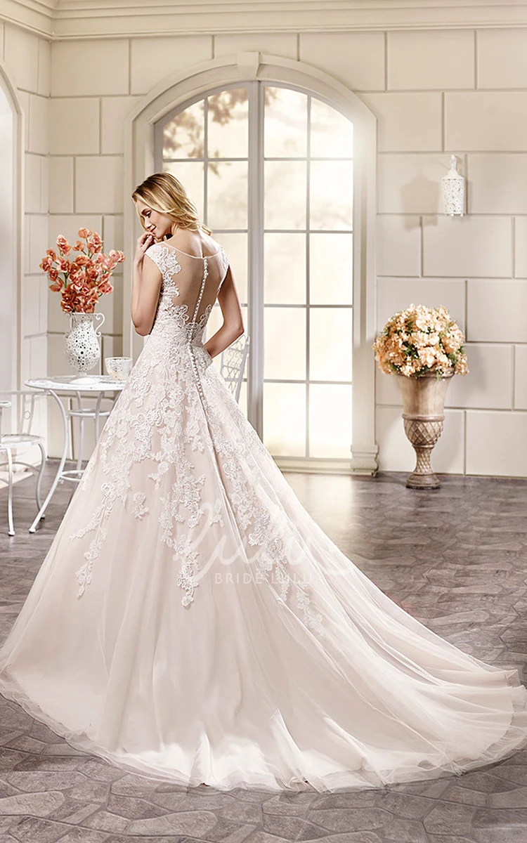 Cap-Sleeve Lace Wedding Dress Appliqued Scoop-Neck Ball Gown