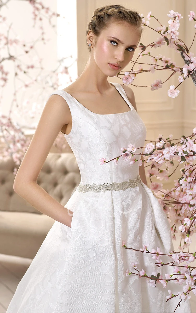 Jeweled A-Line Square-Neck Sleeveless Wedding Dress Classy Bridal Gown