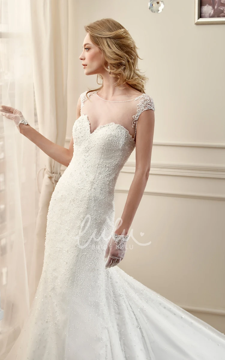 Long Lace Wedding Dress with Cap Sleeves Open Back and Court Train