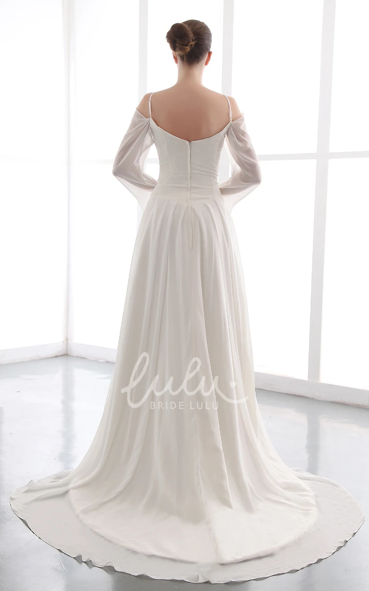 Long Sleeve Chiffon Wedding Dress with Ruching Spaghetti Exquisite