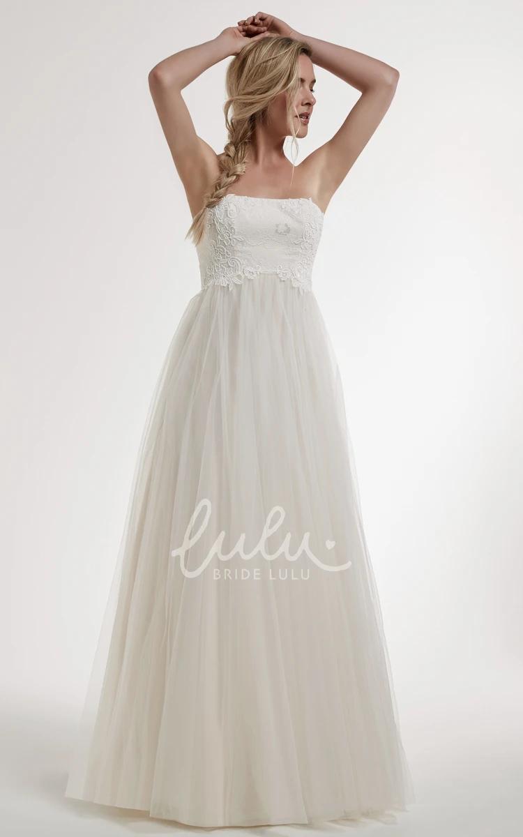 Strapless Tulle A-Line Wedding Dress with Appliques and Backless Style Modern Bridal Gown