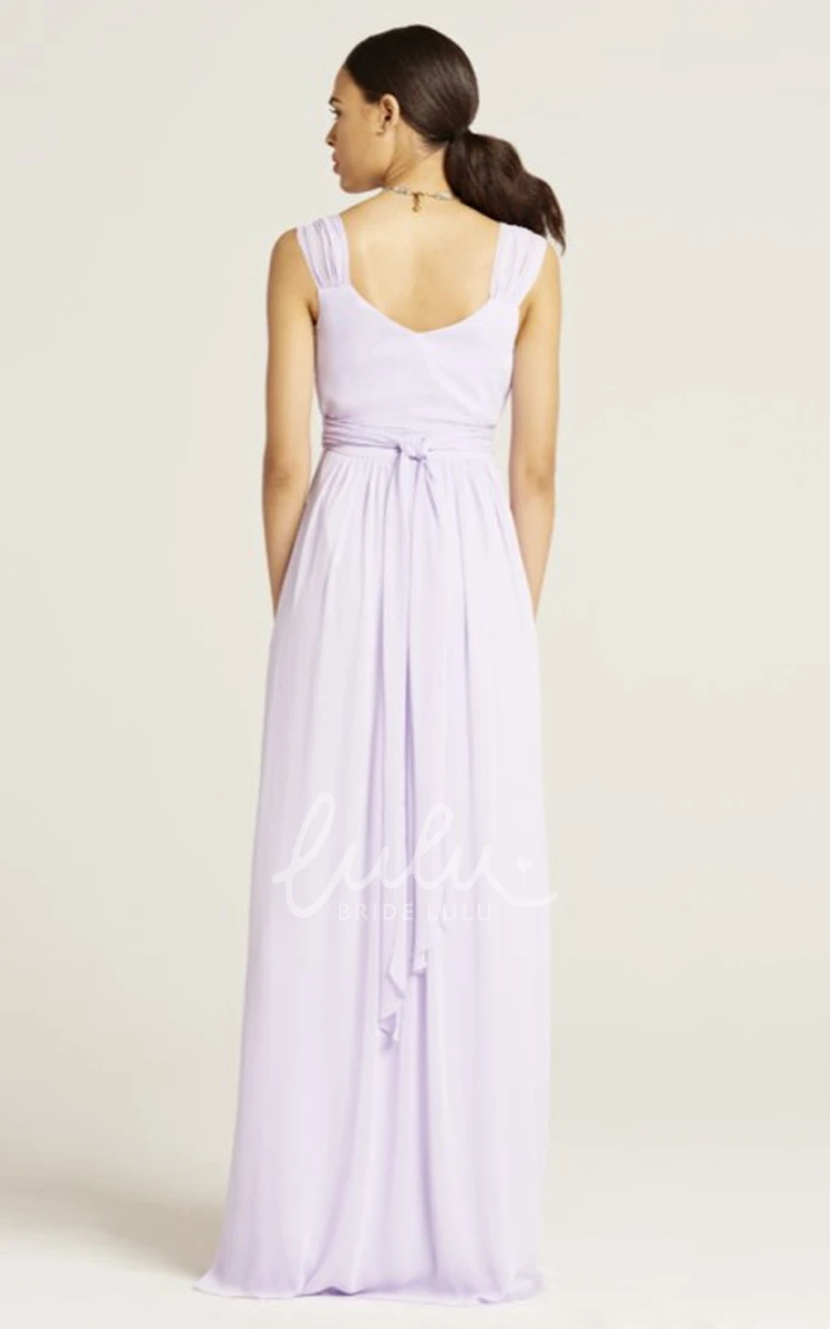 Ruched V-Neck Sleeveless Chiffon Bridesmaid Dress with Bow Floor-Length