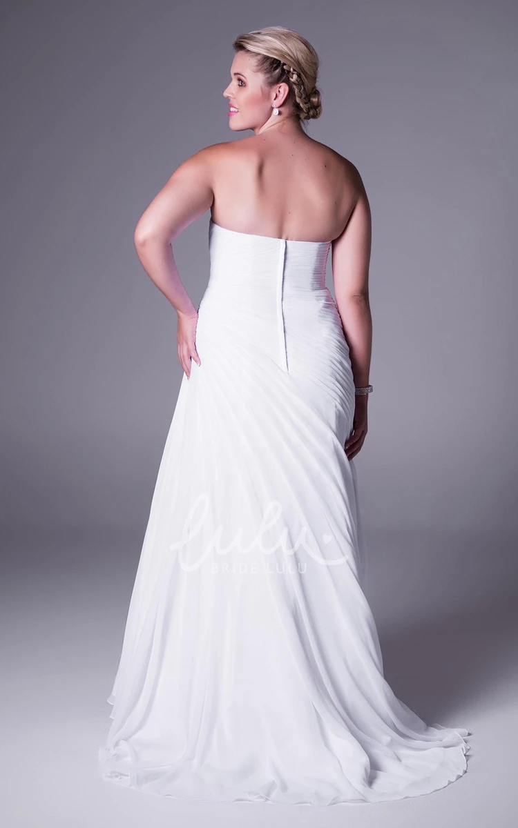 Draped Chiffon Plus Size Wedding Dress Strapless with Jeweled Waist Brush Train