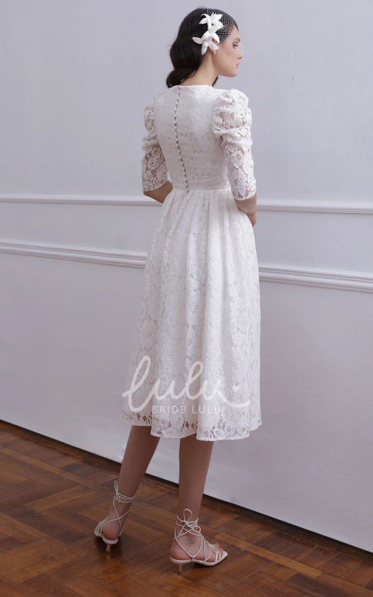 Half Sleeve Lace A Line Wedding Dress with Tea-length and Ruching Vintage Style