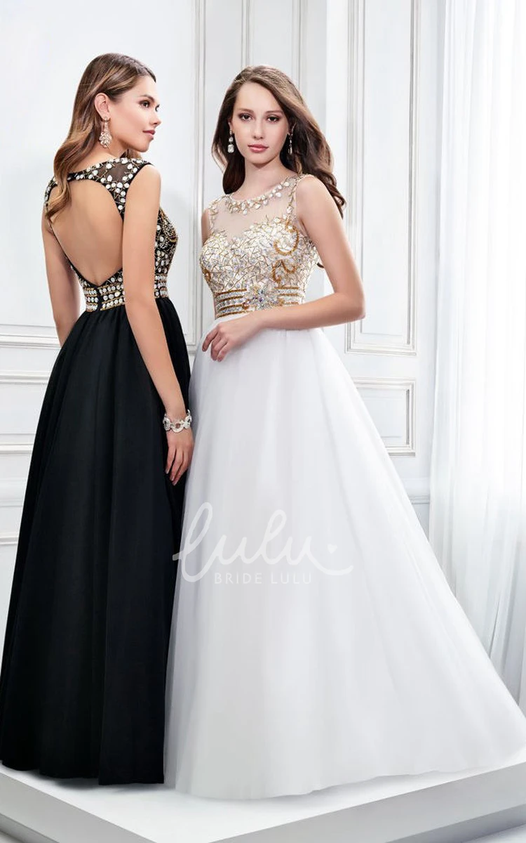 Crystal Satin Sleeveless Prom Dress with Keyhole and Scoop Neck