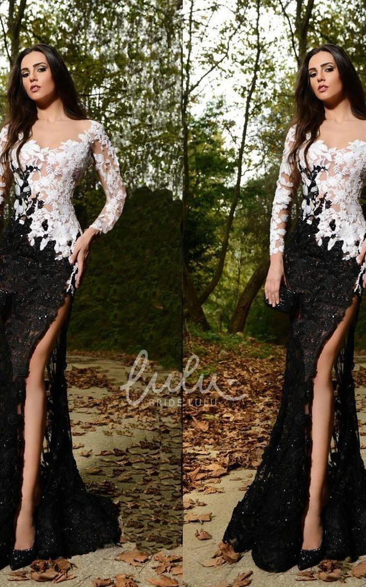 Black and White Mermaid Prom Dress with Lace Appliques and Front Split Unique & Modern