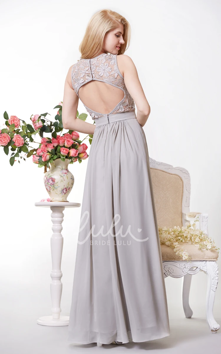 Chiffon Bridesmaid Dress with Lace Top and Keyhole Back Bateau Neckline