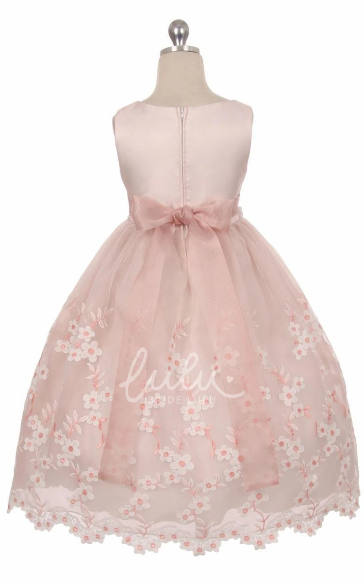 Beaded Lace and Organza Flower Girl Dress with Ribbon Tea-Length